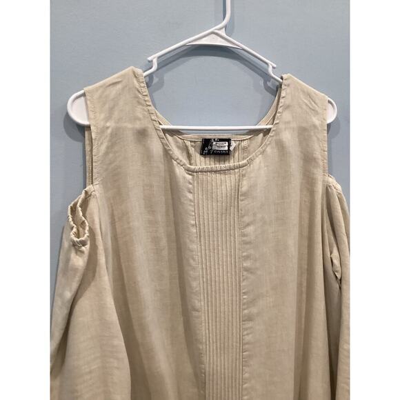 Fenini Women Cold Shoulder Linen Tunic Top L Large Beige Khaki Beachy Lagenlook - Picture 5 of 10